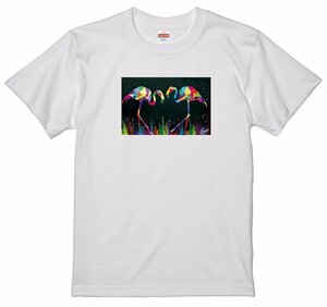 サイズS/M/L/XL有 レインボー カラフル グラフィック イラスト アート絵画 Tシャツ フラミンゴ ジャングル 夫婦 フィフティーズ 白地