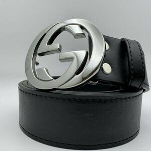 1 jpy [ beautiful goods ]GUCCI Gucci belt Inter locking te Caro goGG black black color silver metal fittings business men's 4cm width 