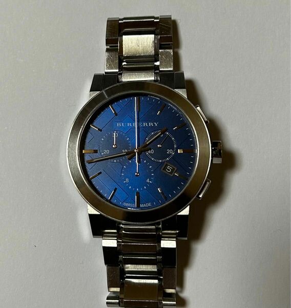  稼働品 バーバリー　BU9363 ブルー文字盤　クロノグラフ メンズ腕時計 ザ・シティ　スモセコ