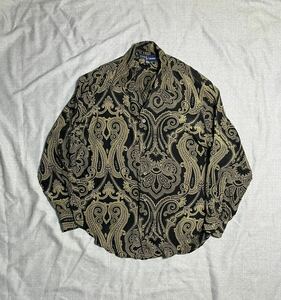 80s USA made Ralph Lauren silk shirt black ba lock total pattern lady's men's unisex peiz Lee Vintage 90s