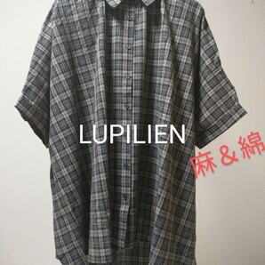 ☆LUPILIEN 新品タグ 秋春生地 日本企画 麻 50％ 綿50 チェックチュニック丈 生地 たっぷり 大きい 5分袖 Fー大きいサイズモカブラウン系