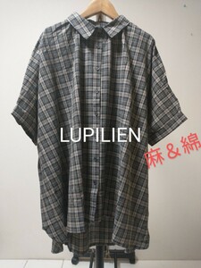 ☆LUPILIEN 新品タグ 秋春生地 日本企画 麻 50％ 綿50 チェックチュニック丈 生地 たっぷり 大きい 5分袖 Fー大きいサイズモカブラウン