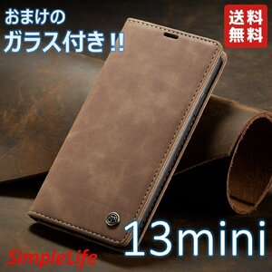 おまけ付！ iPhone13mini キャメル 手帳型 13 mini ソフト レザー カード収納 iphoneケース 茶 ケース ガラス フィルム おしゃれ