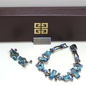  ultimate beautiful goods ultra rare GIVENCHYji van si. color stone bracele earrings 2 point set biju- extra-large accessory blue box attaching 