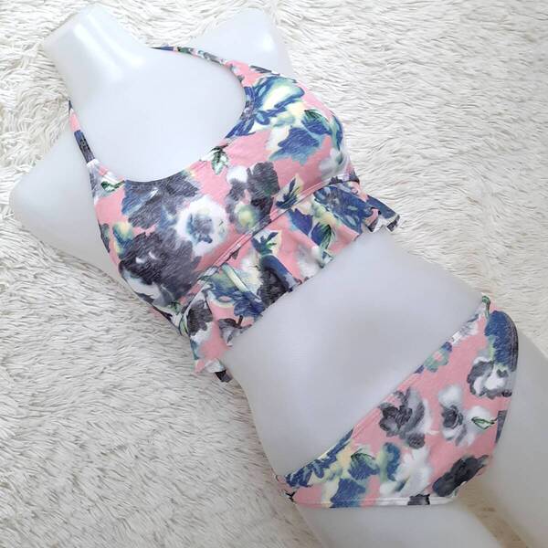 匿名配送 美品 Sunny bunny さらさらシフォン ボタニカル柄 ホルター ビキニ 水着 ピンク Z