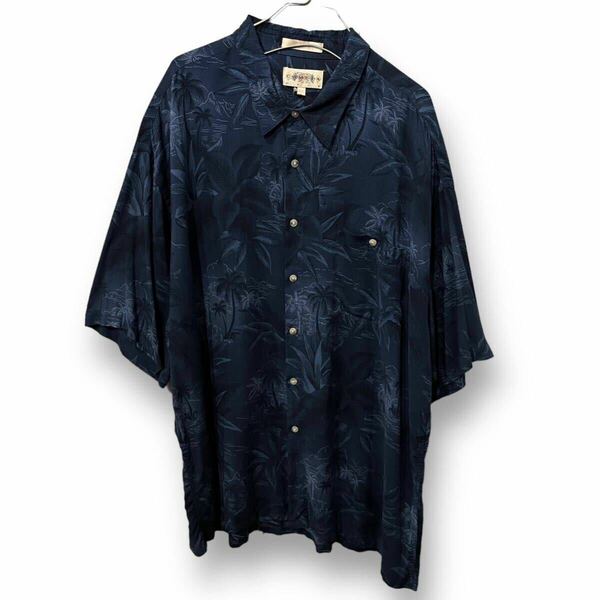 【a】CAMPIA MODA 90s 総柄 半袖 アロハシャツ メンズ XXL レーヨン 100% ヤシの木 植物 輸入古着 