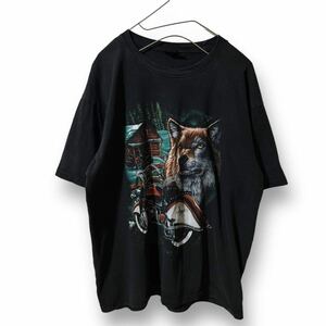 【r1】ROCK-SPORT 90s〜00s アニマル 両面 プリント 半袖 Tシャツ メンズ XL ブラック 黒 オオカミ バイク 輸入古着