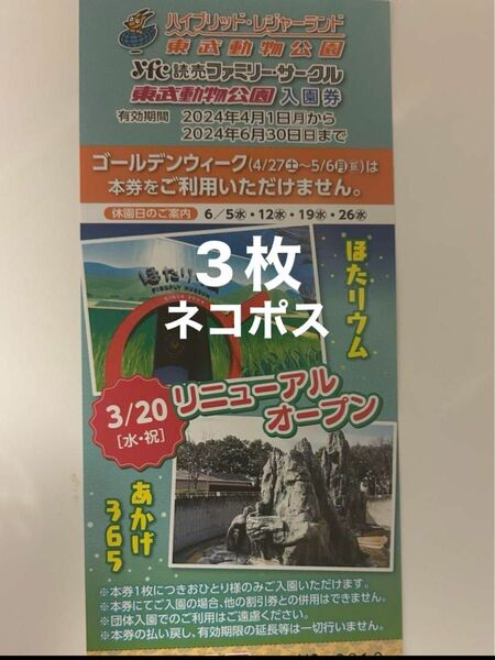 ★東武動物公園入園券 ★〜2024年6月30日★3枚セット★ネコポス★ほたリウム開催