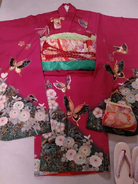 oh.4 七五三7歳祝着物化繊絵羽柄フルセットマゼンタピンク高級作り帯はこせこセット