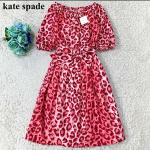 新品タグ付　kate spade ケイトスペード パンセーラ パプスリーブ ワンピース　レオパード　M ロング丈　Aライン　