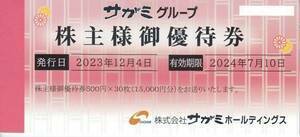 サガミグループ株主優待券15000円(￥500×30枚) 　サガミ 味の民芸 あいそ家 濱町他　7/10迄　即決