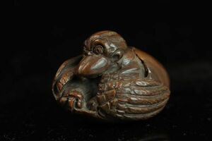 在銘　木彫鴉天狗根付　NETSUKE 提げ物　 細密彫刻