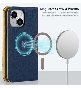 iphone15 ケース 手帳型 本革 MagSafe対応 ワイヤレス充電対応 スマホケース 6.1インチ アイホン 15 ネイビーレモンイエロー/A72