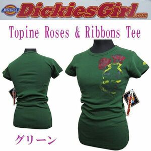新品 ディッキーズガール ◆(S) DickiesGirl レディース 半袖Ｔシャツ ◆グリーン Roses & Ribbons バラ 全国送料無料