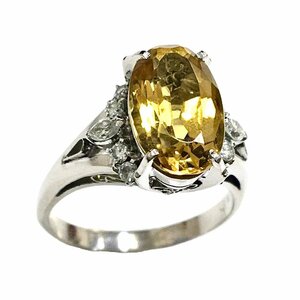 ☆Pt850/黄色石 3.12ct イエローストーンリング 0.30ctダイヤ入り 14号