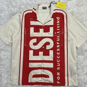 タグ付極美品 入手困難XL ●DIESEL/ディーゼル●デカロゴプリント 半袖シャツ オープンカラーシャツ コットン メンズ クリーム レッド 春夏