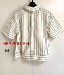 美品　MERVEILLE H. スタンドカラー　綿ストライプブラウス　Mストライプ 半袖 シャツ 