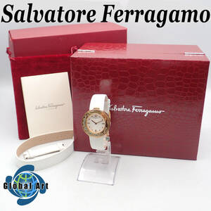 え05064/Salvatore Ferragamo サルバトーレフェラガモ/クオーツ/レディース腕時計/石付ベゼル/文字盤 シルバー/箱・ケース・ベルト付