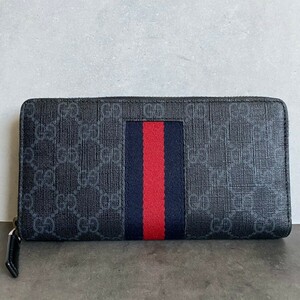 ◆超美品◆GUCCI グッチ PVCレザー シェリーライン GGスプリーム ラウンドジップ 長財布 ネイビー メンズ◆