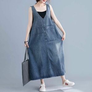 M デニム ロング ワンピース vネック　スカート　シャツ　 サロペット　a3