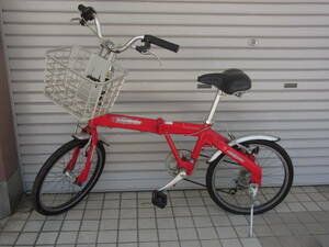 折り畳み自転車 20インチ CARIBOU LIGHT ALUMEFRAME/カリブーライト アルミフレーム 赤/レッド系 中古品/ギア有/かご付き/6段変速