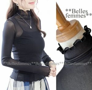 ★Belles*★新品*送料185円*コーデに華やかなアクセント*メロウフリル*カットソーブラウス*インナー*385黒*M～L*TRUBE*