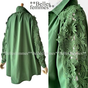 ★Belles*★新品*送料185円*上品セレブチュニックブラウス*繊細モチーフレース*ゆったりブラウス*ビッグシルエット*588グリーンM～L/LL/XL