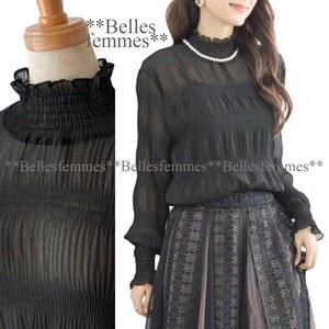 ★Belles*★新品*送料185円*華やかな印象をプラス*シャーリングシフォン*カットソーブラウス*メロウフリル*インナー*601Aブラック*M～L