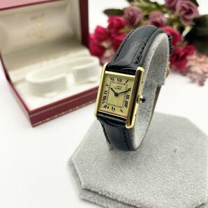 T678 分解整備・磨き済 Cartier カルティエ ヴェルメイユ マストタンクSM アイボリー文字盤×黒ストラップ 手巻 機械式 腕時計 箱付の画像9