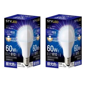 スタイルド LED電球 口金直径26mm 電球 60W形相当 昼光色 2個セット 一般電球 広配光タイプ 密閉器具対応 HA6T26D2