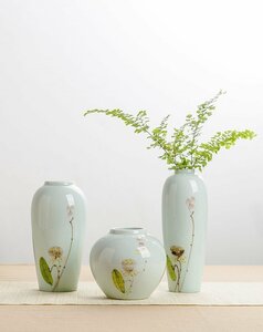 景徳鎮　花瓶　手描き　3点セット　シンプル 磁器　置物　装飾　インテリア