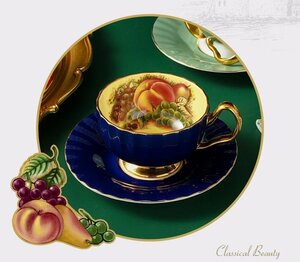 Aynsley エインズレイ　イギリス　ティーカップ　カップ＆ソーサー　洋食器　茶器　果物柄　お祝い　プレゼント　ネイビー