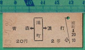 鉄道硬券切符189■浦町→青森/浪打 20円 43-7.20