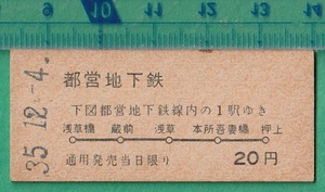  railroad hard ticket ticket 150# Tokyo Metropolitan area traffic department capital . ground under iron map type passenger ticket 20 jpy 35-12.4 ( opening the first day ) /... station * issue 