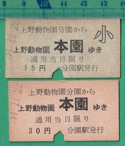 鉄道硬券切符145■東京都交通局懸垂電車 上野動物園分園から上野動物園本園ゆき 15円/30円 2枚 34-11.22 *半硬券