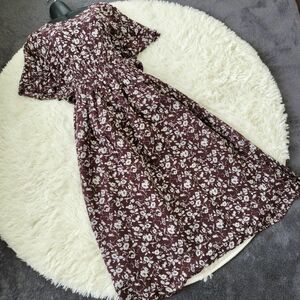 美品★グローブ ロングワンピース L ワールド 花柄 茶色系 シフォン半袖ゴム