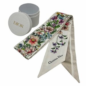 KS USED Christian Dior クリスチャン ディオール ミッツァ リボン スカーフ ツイリー フラワー ロゴ シルク レディース アイボリー