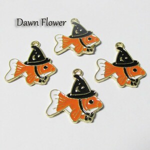 【D-0548】5pcs　ハロウィン帽子の魚　24×20mm　オレンジ　チャーム　ハンドメイドパーツ