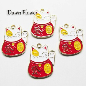 【D-0650】5pcs　まねき猫　小判模様　30×25mm　レッド　チャーム　ハンドメイドパーツ