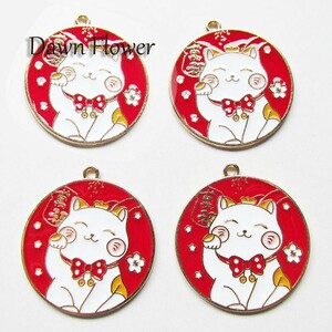 【D-0737】5pcs　まねき猫　33×30mm　レッド　チャーム