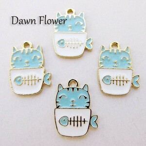 【D-0695】5pcs　カップに入ったねこ　20×15mm　ブルー　チャーム　ハンドメイドパーツ