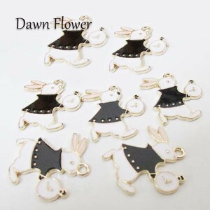 【D-0989】7pcs　時計を持ったうさぎ　24×22mm　ブラック　チャーム