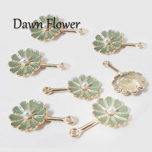 【D-1189】10pcs　パール付きの花　27×15mm　グリーン　チャーム　ハンドメイドパーツ