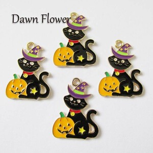 【D-1135】5pcs　かぼちゃとねこ　ハロウィン　25×18mm　ブラック＆オレンジ　チャーム　ハンドメイドパーツ