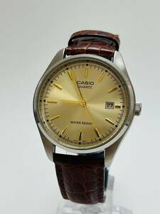 美品　動作未確認　CASIO カシオ MTP-1175 ゴールド文字盤 デイト 革ベルト クォーツ メンズ 腕時計