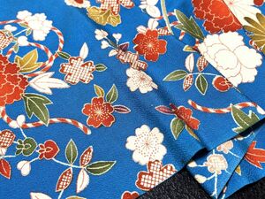 [ old cloth *..* peace material ] silk *..*.. light blue ground . flower . comb pattern,36x170* handmade * ichimatsu doll * patchwork *.. skill *...* Showa Retro 