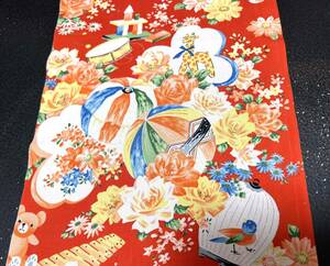 【古布＊縮緬＊和素材】正絹＊平絹＊昔玩具　鳥かご　可愛い　36ｘ154＊＊手作り＊市松人形＊パッチワーク＊縮緬細工＊雛節句＊昭和レトロ