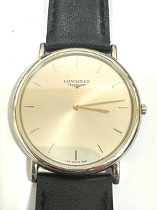 ●N81278:LONGINES ロンジン グランドクラシック L4.620.2 クォーツ ラウンド ローマン 2針 社外尾錠/革ベルト シルバー 不動　ジャンク扱