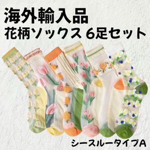 【海外輸入品】花柄 靴下 ソックス 6足セット シースルータイプA【新品未使用】