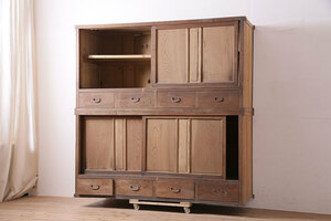 R-036690　アンティーク家具　和製アンティーク　木製引き戸の重ねキャビネット(戸棚、箪笥、収納棚)(R-036690)